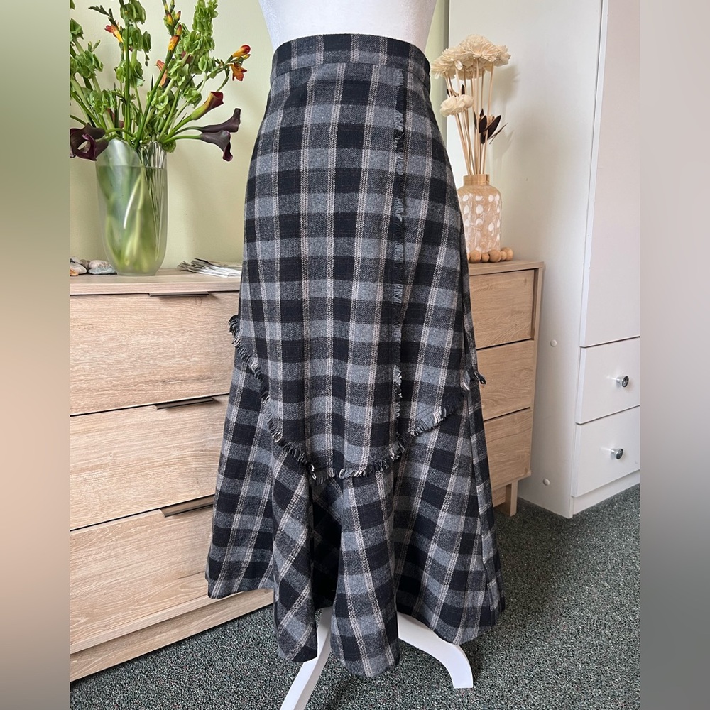 Plaid Check Ruffle Asymmetrical Midi Knee-Length High-Waist Modest Fringe Skirt - Picture 6 of 16